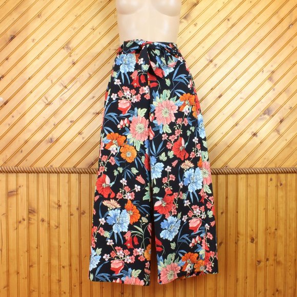 Zara Basic Wide Leg Floral Capris Small Belted Black Blue Orange Pink Boho D114 - Picture 5 of 6